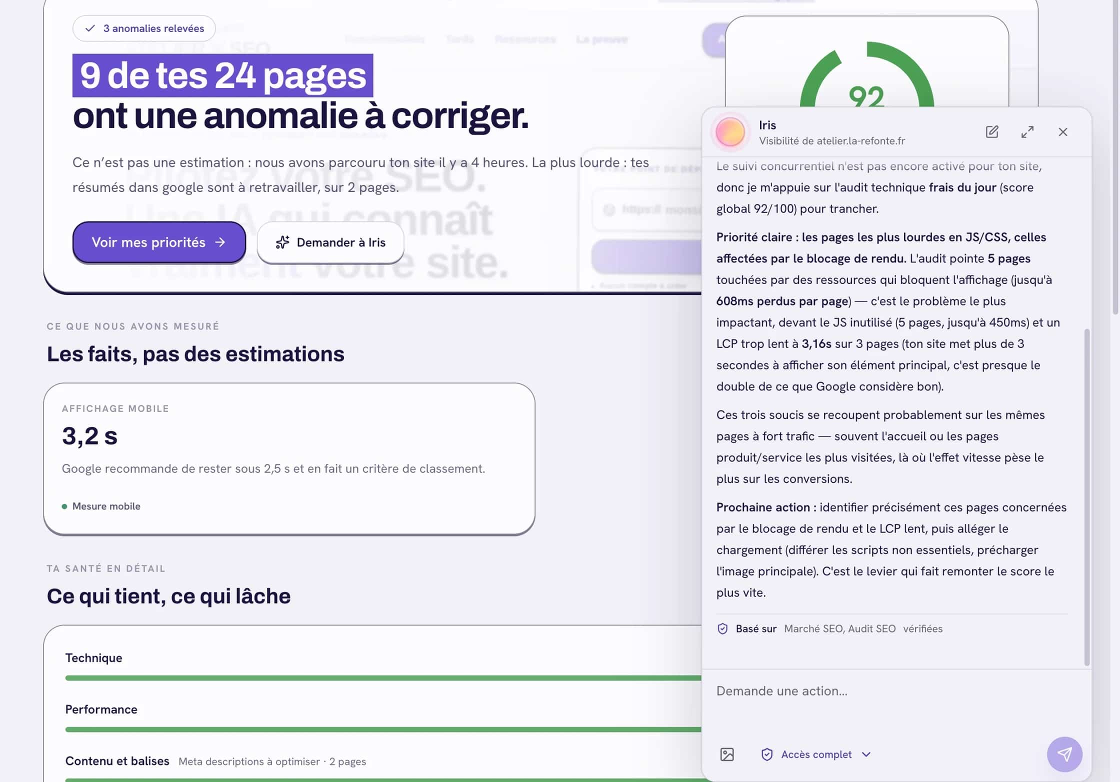 Iris ouvert par-dessus l’espace, répondant à une question de priorisation avec ses sources citées.