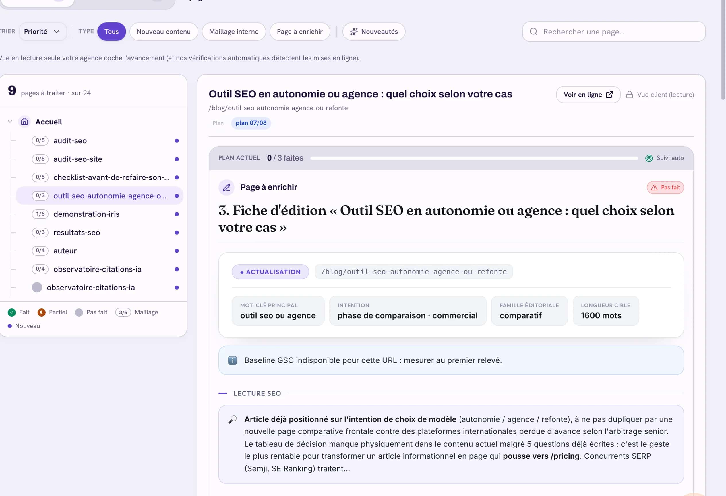 The Content workspace: pages to handle, their progress, and the open brief.
