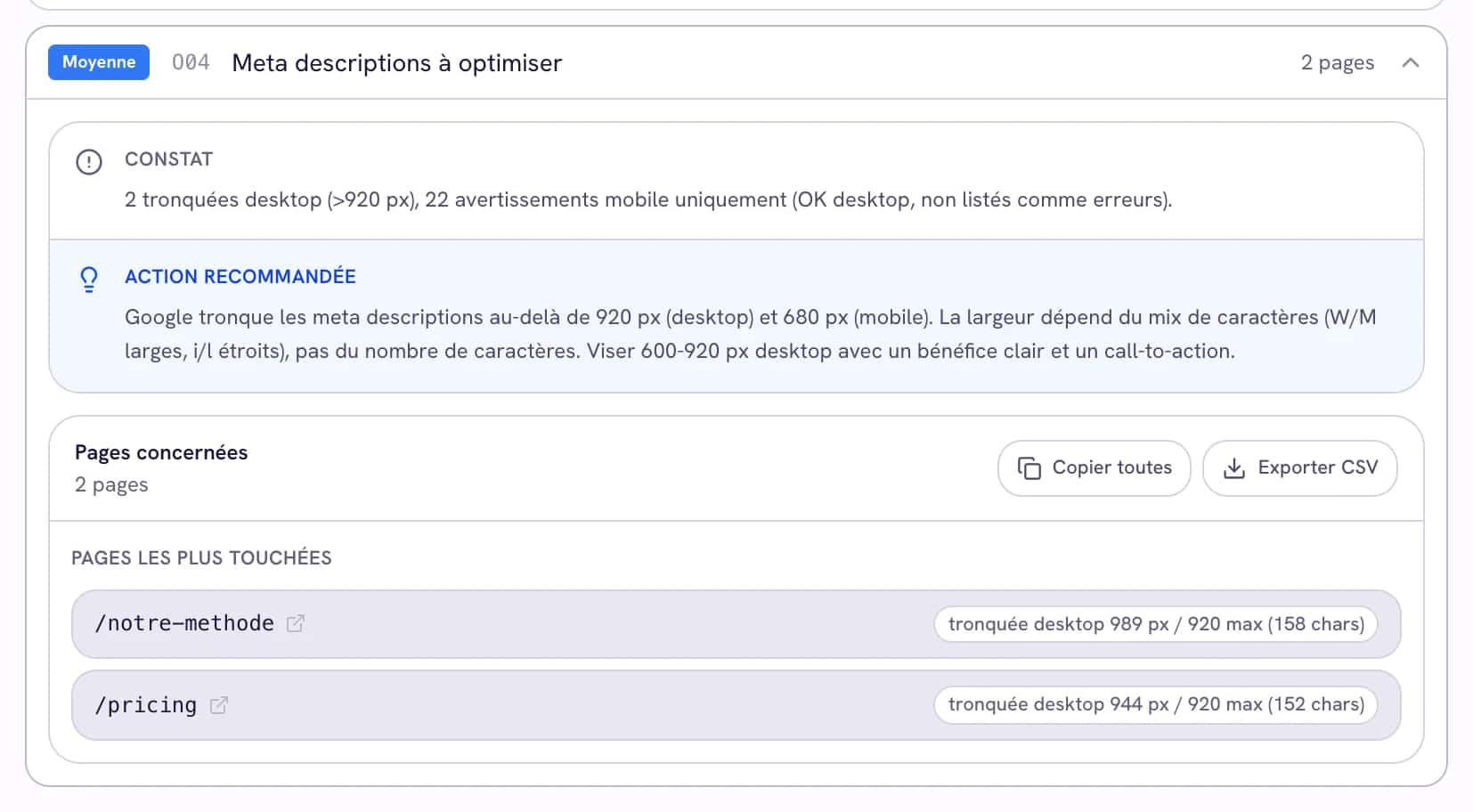 An audit finding expanded: the observation, the recommended action and the URLs concerned.