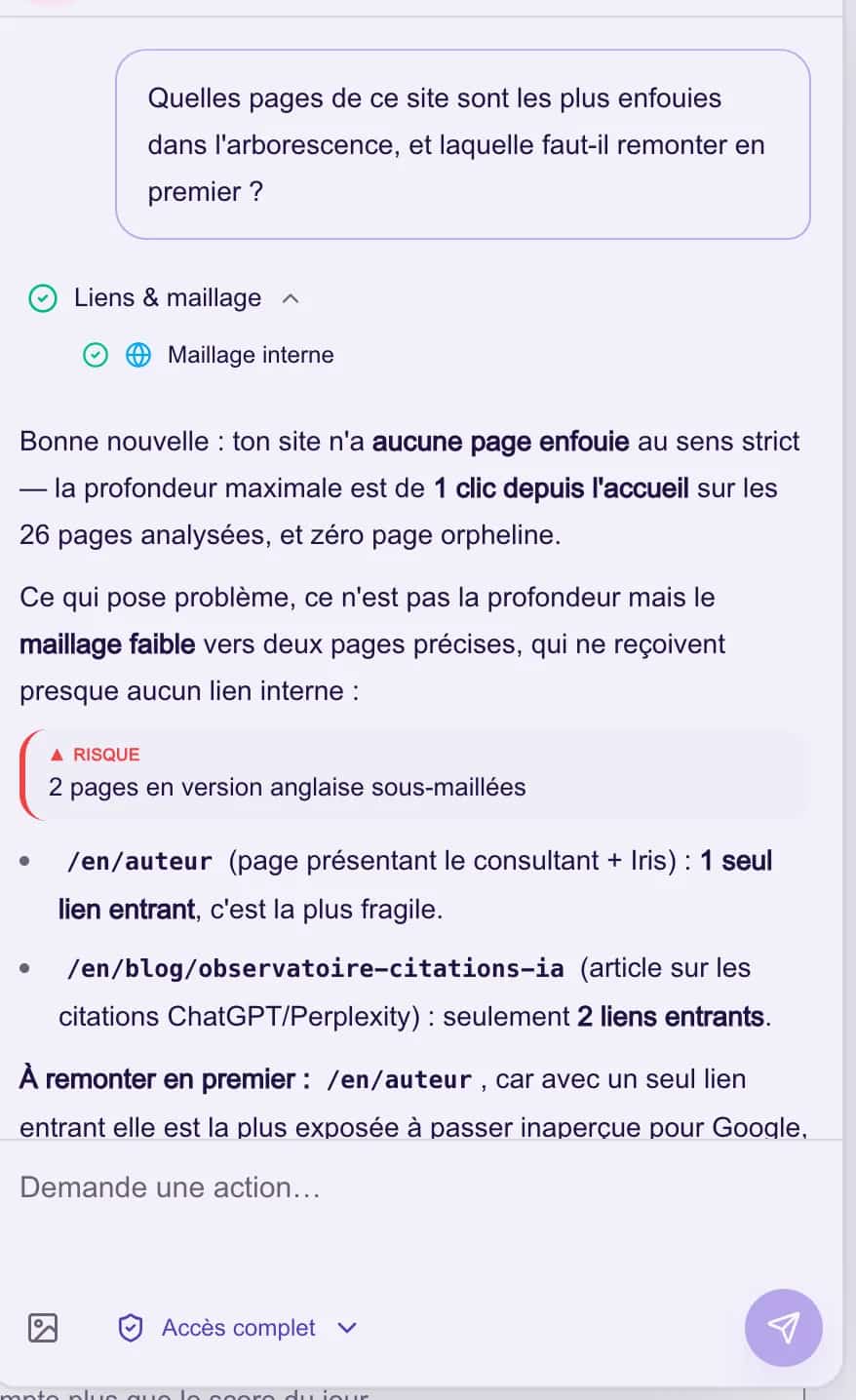 An assistant's answer about buried pages: maximum depth, orphan pages, and two under-linked pages named.
