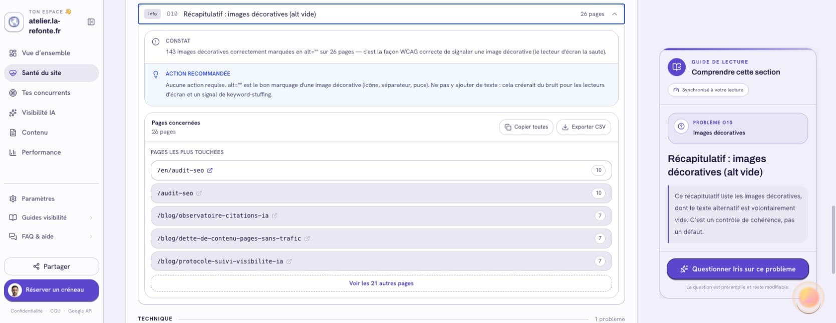 Audit Atelier SEO : le contrôle O10 signale des images décoratives correctement marquées, sans correction requise. Le panneau de lecture permet de questionner Iris sur ce constat.
