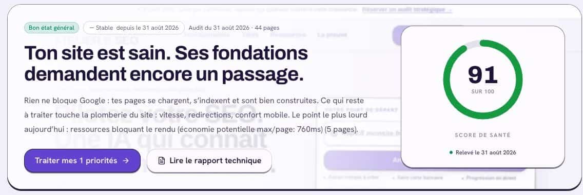 Panneau Santé du site d’Atelier SEO : audit daté du 31 août 2026, 44 pages analysées et score de 91 sur 100.